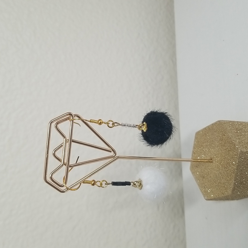 Black and White Pompom Earrings with Beads.